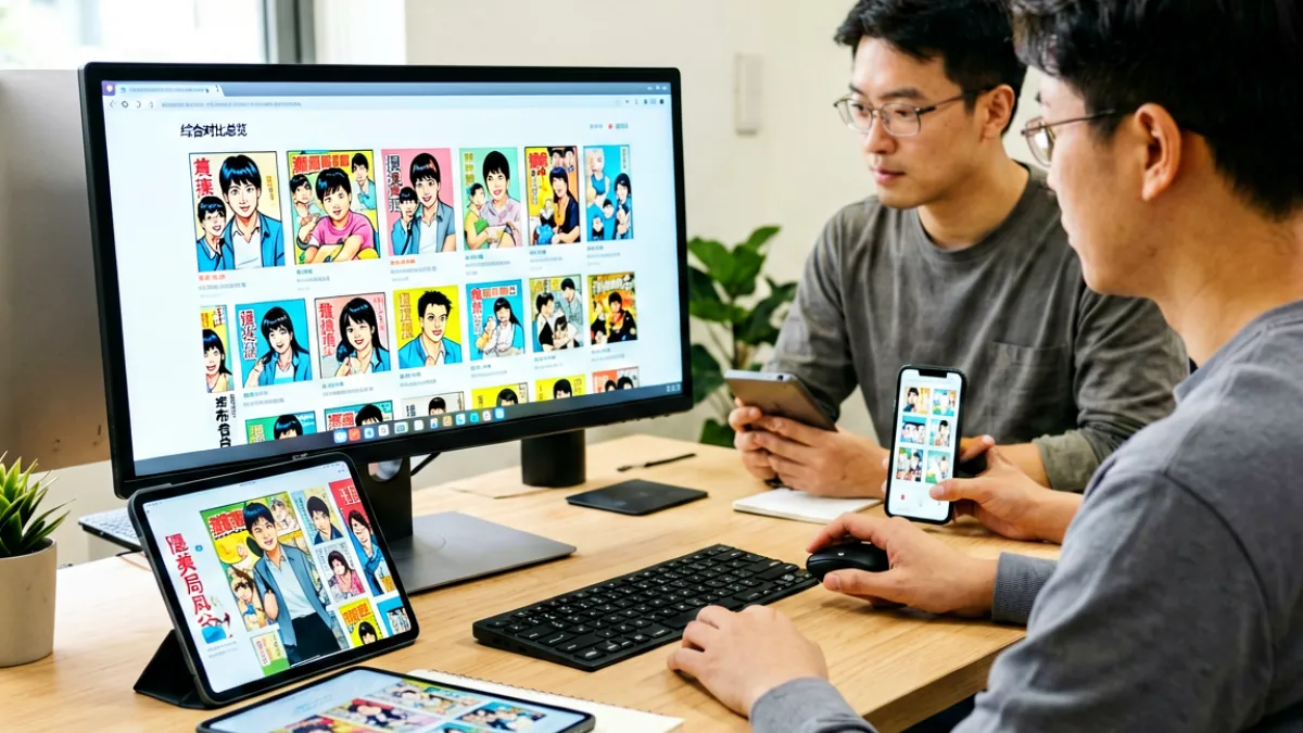 六位用户坐在电脑和手机前浏览不同漫画平台的界面，桌面上摆放着平板和笔记本，屏幕上显示各类漫画网站的不同布局风格