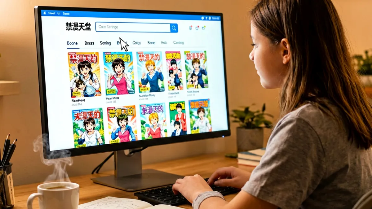 用户在电脑屏幕前操作禁漫天堂网站，屏幕上显示漫画搜索结果列表，鼠标悬停在分类标签上准备筛选，桌面上放着笔记本和一杯咖啡，呈现日常阅读场景