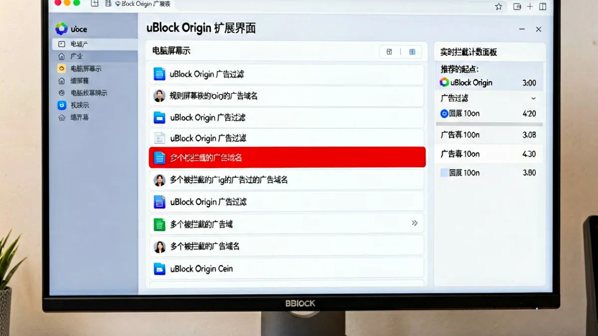 电脑屏幕显示 uBlock Origin 扩展界面，规则列表中红色高亮标注了多个被拦截的广告域名，右侧有实时拦截计数面板